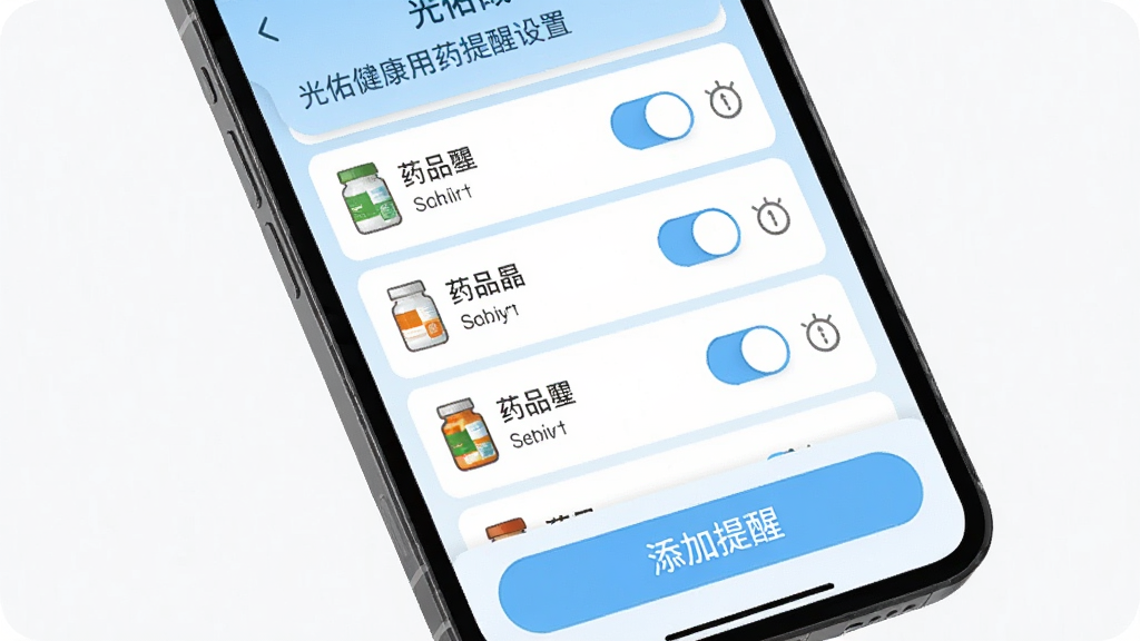 ���ӽ�����ҩ��������ҳ�棬�ֻ���Ļ��ʾҩƷ�б���ÿ��ҩƷ�Ա��п��ذ�ť��ʱ������ͼ�꣬����ײ�����Ŀ�ġ��������ѡ���ť������ɫ��Ϊǳ��ɫ�Ͱ�ɫ��ͼ����Ƽ�����ˣ����ʸɾ��޶���Ԫ��