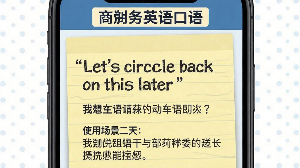 ����Ӣ�����ÿ��һ�书��չʾ���ֻ���Ļ��ʾһ������Ӣ����Let's circle back on this later�����·������������ʹ�ó���˵���������ǵ���ɫ��ǩֽ��񣬶���������Ӣ��������ֱ�ʶ�����ʸɾ��޶���Ԫ�ء�
