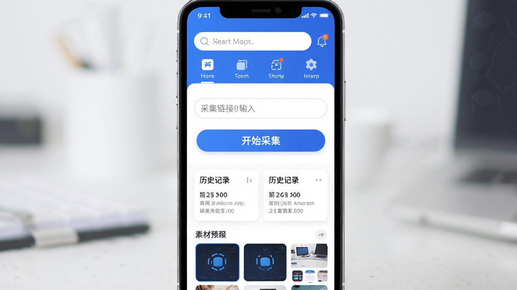 �ǳ��ǲ�����������չʾ���������ֻ���Ļ����ʾ�ǳ��ǲ�APP����ҳ���֣�����Ϊ�������͹��ܷ����ǩ���м��ǲɼ�������������Ŀ�Ŀ�ʼ�ɼ���ť���·���������ʷ��¼��Ƭ���ز�Ԥ������ͼ������������Ϊ���������������Ű��������򣬷��Ϊ�ִ���ƽ�������������ɫΪ����ϸ���ϰ�ťԲ��ͼ���ࡢ���ֱ�ǩ��ȷ�����ʸ���ɾ��޶���Ԫ��
