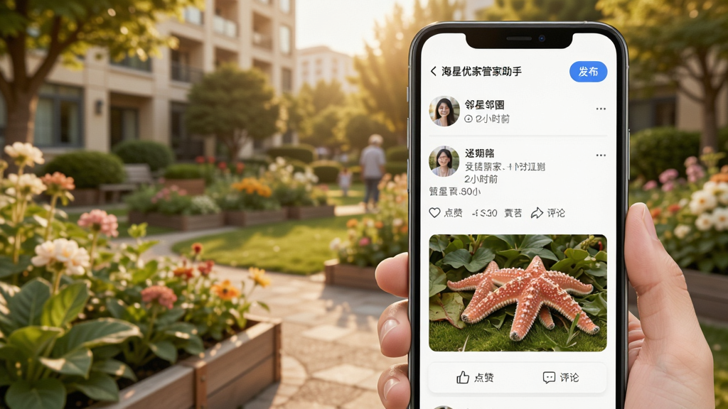�����żҹܼ���������Ȧ���ܽ��棬������һ���ֻ���Ļ��ʾ����Ȧ��̬�б���ÿ����̬���û�ͷ���ǳơ�����ʱ�䡢�������ݺ�ͼƬ���·��е��޺����۰�ť����Ļ���Ͻ��з�����ť��������С����԰�����������ů���У����ʸɾ����޶���Ԫ��