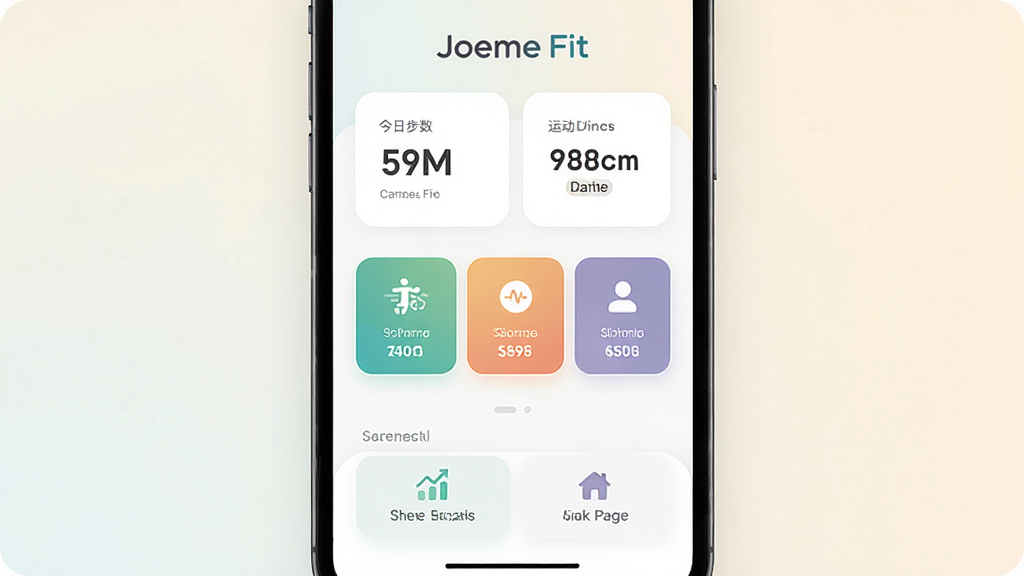 Joeme Fit �˶�������������������չʾ������Ϊ�ֻ���Ļ�е�App���棬�����Ϸ���ʾ���ղ������˶�ʱ�����м����˶�ģʽѡ��ť���ײ�Ϊ����ͳ�ƺ��ҵ�ҳ����ڣ��Ű�������������ִ���ƽ����ϸ��Բ�󣬻��ʸɾ��޶���Ԫ�أ�����Ϊǳɫ���䣬ͻ����Joeme Fit��Ʒ�Ʊ�ʶ