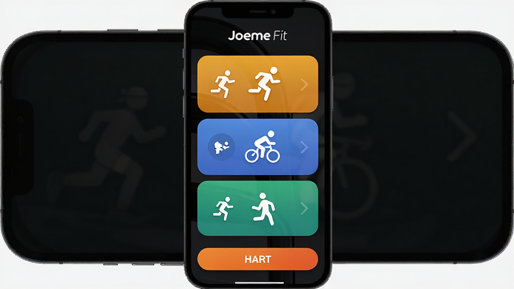 Joeme Fit �����˶�ģʽ�л����棬����Ϊ�ֻ���Ļ��ʾ�ܲ������С�����������ť������Ϊ�������У��Ű�����������˶�������ϸ�ڰ����˶�ͼ��Ϳ�ʼ��ť�����ʸɾ��޶���Ԫ�أ�����Ϊ��ɫģʽ����Ļ�Ϸ��С�Joeme Fit����־