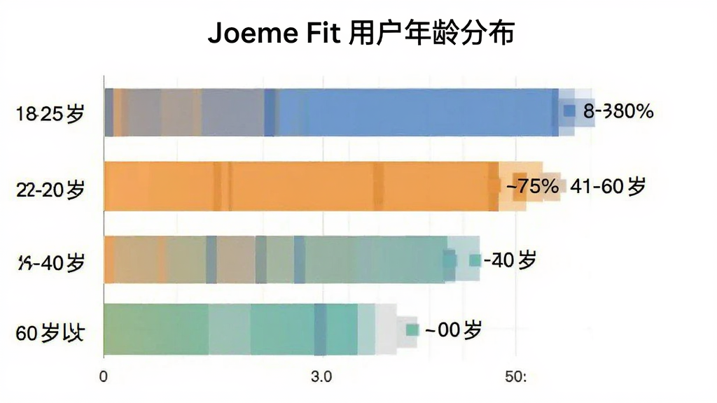 Joeme Fit �û�����ֲ���״ͼ������Ϊͼ��չʾ18-25�ꡢ26-40�ꡢ41-60�ꡢ60�������ĸ�����ε��û�ռ�ȣ�����Ϊ������״ͼ���Ű�������������ݿ��ӻ���ϸ�ڰ����ٷֱ����ֺ���ɫ���֣����ʸɾ��޶���Ԫ�أ�ͼ������Ϊ��Joeme Fit �û�����ֲ���