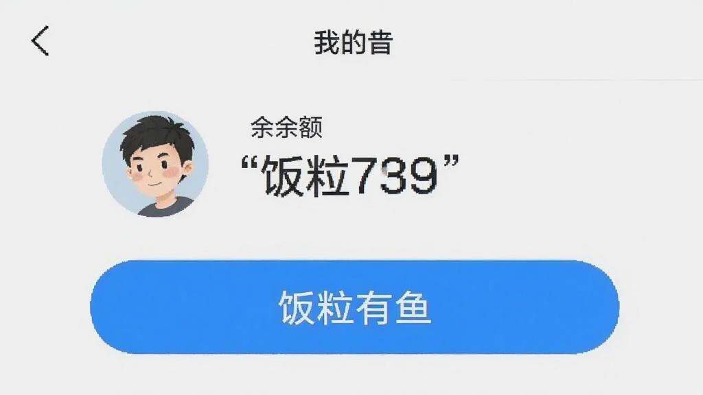 一张手机应用“饭粒有鱼”的“我的”页面截图,画面中显示用户头像、余额数字和提现按钮,背景为浅灰色,按钮为蓝色圆角,文字加引号“饭粒有鱼”,风格干净整洁,画质清晰,无多余装饰元素