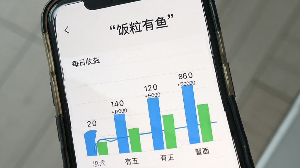一张手机屏幕展示“饭粒有鱼”的收益统计图表,画面中有简单的柱状图显示每日收益,背景白色,图表颜色为蓝色和绿色,文字加引号“饭粒有鱼”,风格简洁数据可视化,画质干净,无多余元素