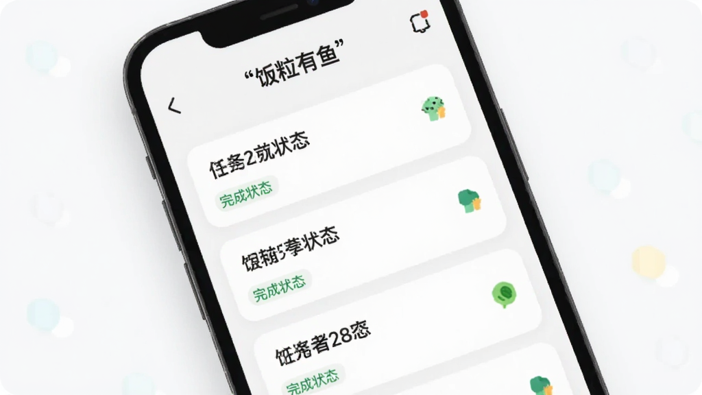 一张手机屏幕展示“饭粒有鱼”的任务列表界面,画面中有几个任务卡片,每个卡片上写着简单的任务描述和完成状态,背景是白色,卡片有圆角,整体风格简约现代,文字加引号“饭粒有鱼”,画质干净,无多余元素