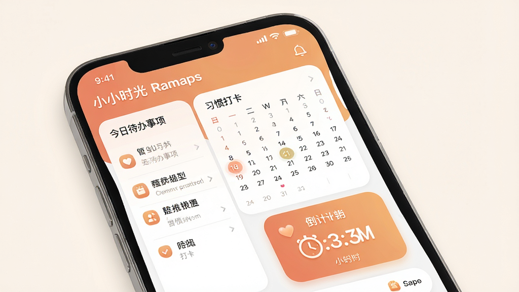 一张展示“小小时光”App核心全貌的图片,主体是一个现代简约风格的智能手机界面,屏幕上清晰展示着“小小时光”App的主页,主页布局包含今日待办事项列表、习惯打卡日历视图以及一个温馨的倒计时卡片,整体排版错落有致,风格温馨治愈,细节上图标圆润、色彩柔和以暖色调为主,画质高清干净,无多余元素。