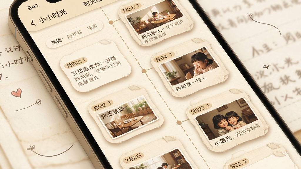 一张“小小时光”App时光轴功能的细节展示图,主体是一个手机屏幕特写,屏幕上显示着一条垂直的时间线,时间线上串联着不同日期的卡片,卡片内有文字和配图,布局清晰,排版如同一个精美的日记本,风格温暖怀旧,细节上卡片有轻微的阴影和圆角,画质高清干净,无多余元素。