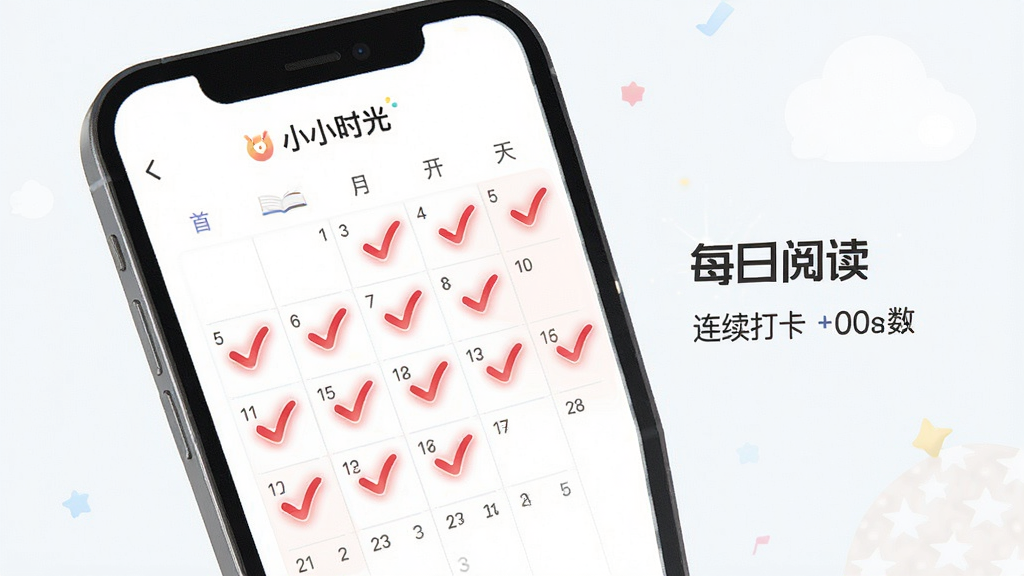 一张“小小时光”App习惯养成打卡功能的界面图,主体是手机屏幕,屏幕上显示着一个精美的月度打卡日历,日历上有些日期被红色的对勾标记,旁边有习惯名称“每日阅读”和连续打卡天数的统计,布局简洁,排版清晰,风格积极向上,细节上对勾图标有微光效果,画质高清干净,无多余元素。
