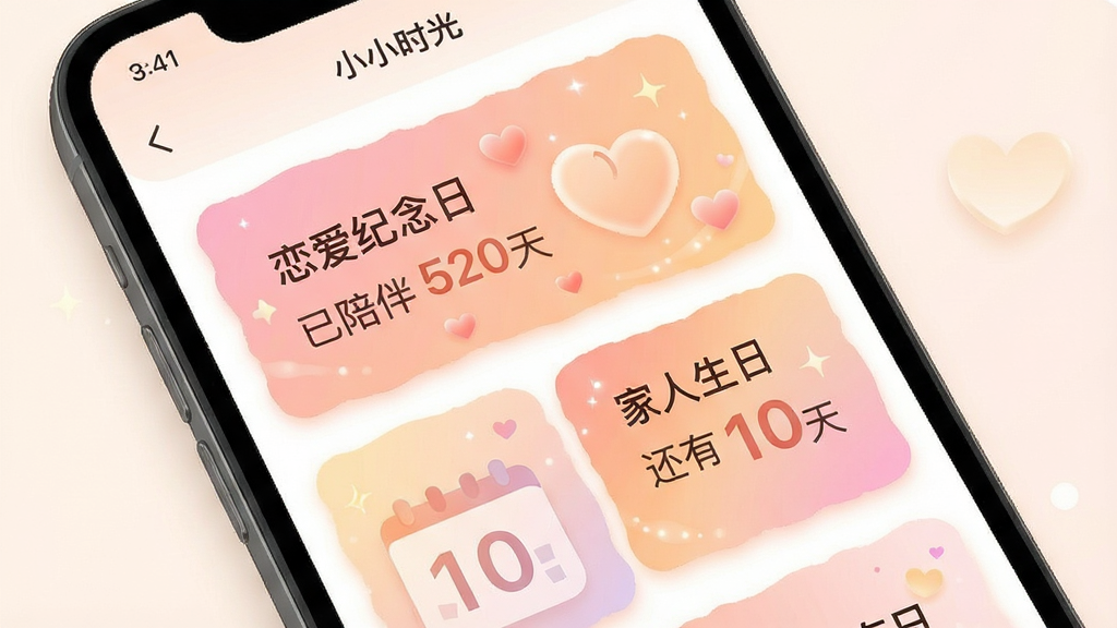 一张“小小时光”App纪念日倒数日功能的界面图,主体是手机屏幕,屏幕上显示着几个精美的倒数日卡片,卡片上分别写着“恋爱纪念日 已陪伴 520天”、“家人生日 还有 10天”,布局错落有致,排版美观,风格温馨浪漫,细节上卡片背景有淡淡的渐变,画质高清干净,无多余元素。