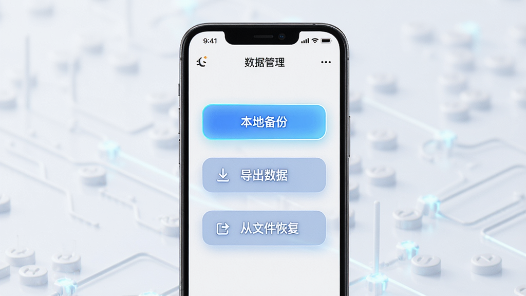 一张关于“小小时光”App数据备份与恢复功能的示意图,主体是一个手机屏幕,屏幕上显示着“数据管理”界面,界面中有“本地备份”、“导出数据”、“从文件恢复”等按钮,布局清晰,排版简洁,风格科技感,细节上按钮有微光效果,画质高清干净,无多余元素。