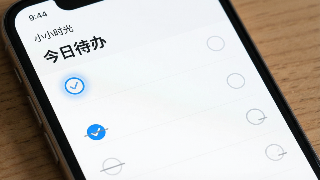 一张“小小时光”App待办事项清单功能的展示图,主体是手机屏幕,屏幕上显示着一个干净的待办事项列表,列表项前有圆形复选框,其中几项已被勾选并带有删除线,顶部有“今日待办”标题,布局整齐,排版清爽,风格现代简约,细节上复选框有微交互效果,画质高清干净,无多余元素。