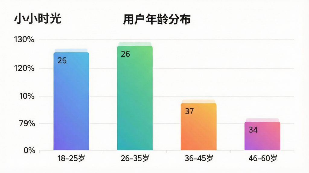 一张展示“小小时光”App用户年龄分布的柱状图,图表标题为“用户年龄分布”,横轴为年龄段“18-25岁、26-35岁、36-45岁、46-60岁”,纵轴为用户占比百分比,柱状图显示26-35岁用户占比最高,布局清晰,排版专业,风格现代简约,细节上柱子颜色为渐变色,画质高清干净,无多余元素。