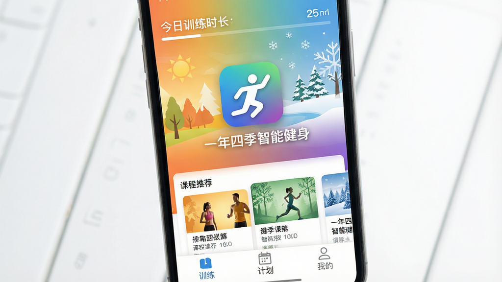 一张手机屏幕展示“一年四季智能健身”App主界面,画面中央是醒目的App图标和名称“一年四季智能健身”,背景是春夏秋冬四季渐变色调,界面布局简洁,顶部显示今日训练时长,中间是课程推荐卡片,底部是训练、计划、我的三个选项卡,风格清爽现代,扁平化设计,画质干净无多余元素