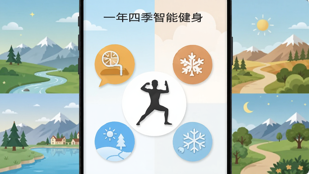 一张AI生成的插画,画面主体是“一年四季智能健身”App的界面,屏幕中显示春夏秋冬四个季节图标环绕着一个正在做健身动作的人形剪影,背景是四季风景拼接,风格清新扁平,细节清晰,画质干净无多余元素