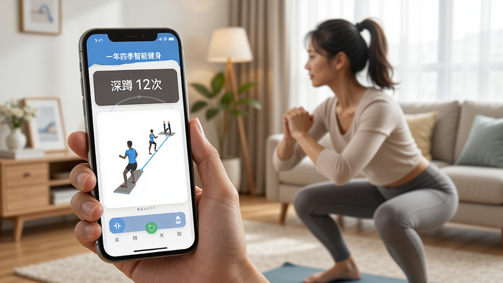 一张AI生成的图片,画面中一个人正在客厅对着手机做深蹲,手机屏幕显示“一年四季智能健身”App的实时动作计数界面,屏幕上有“深蹲 12次”和动作轨迹示意线,背景是温馨家居环境,风格写实明亮,画质干净无多余元素