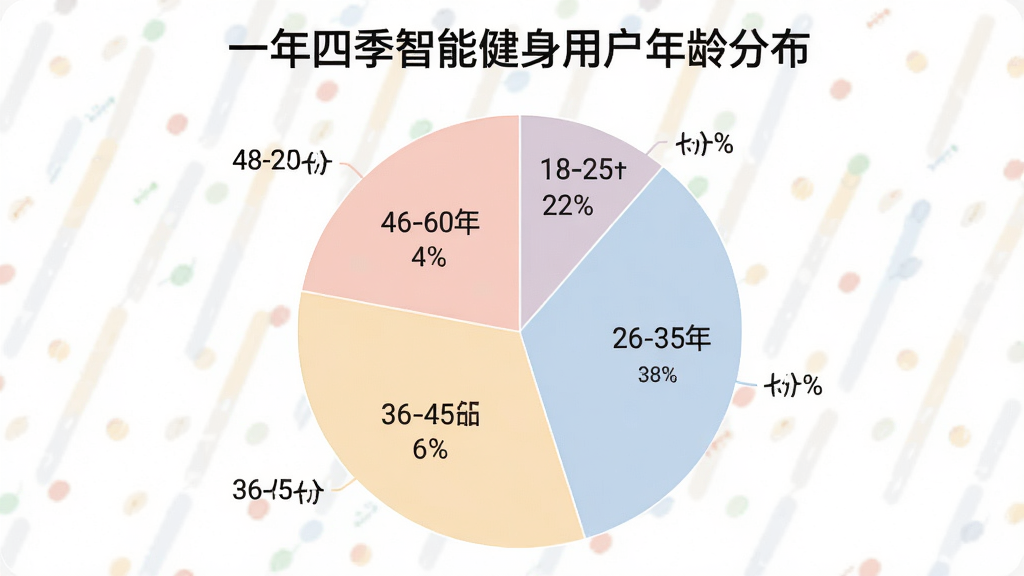一张AI生成的数据图表图片,画面是一个饼状图,标题为“一年四季智能健身用户年龄分布”,图中显示18-25岁22%、26-35岁38%、36-45岁26%、46-60岁14%四个扇形区域,配色柔和,图表清晰,画质干净无多余元素