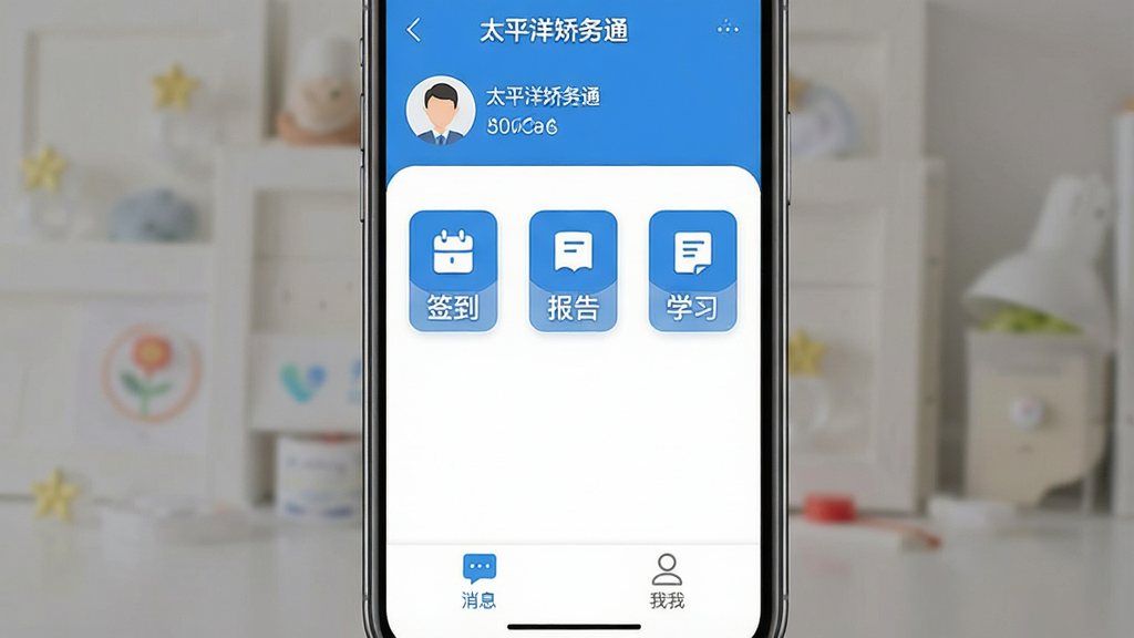 一张手机应用界面展示图,画面中央是“太平洋矫务通”应用的主页,顶部显示用户头像和姓名,中间有签到、报告、学习等核心功能入口图标,底部为消息和我的选项卡,整体布局简洁清晰,风格现代扁平,以蓝色和白色为主色调,画质干净无多余元素