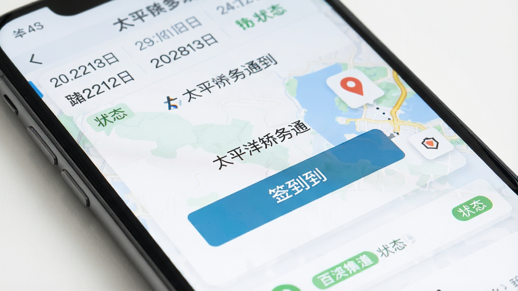 一张手机屏幕特写图,展示“太平洋矫务通”的签到页面,画面中有明显的签到按钮和地图定位标记,周围环绕着日期列表和状态标签,风格写实简洁,光线明亮,画质清晰干净