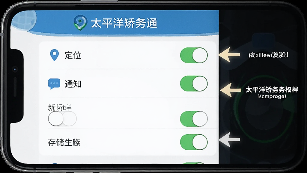 一张手机屏幕展示图,画面中显示“太平洋矫务通”的权限设置界面,有定位、通知、存储等权限开关,旁边有提示文字和箭头引导,风格清晰直观,画质干净