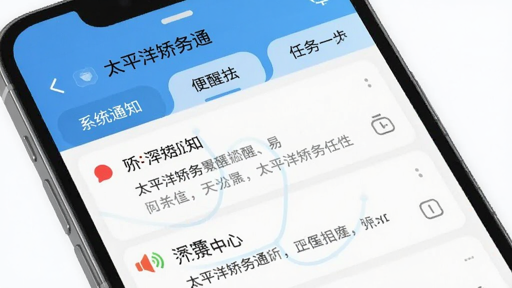 一张手机消息通知界面的展示图,画面中显示“太平洋矫务通”的消息中心,有系统通知、任务提醒等分类标签,每条消息前有红点或图标标识,界面干净整洁,风格简约现代