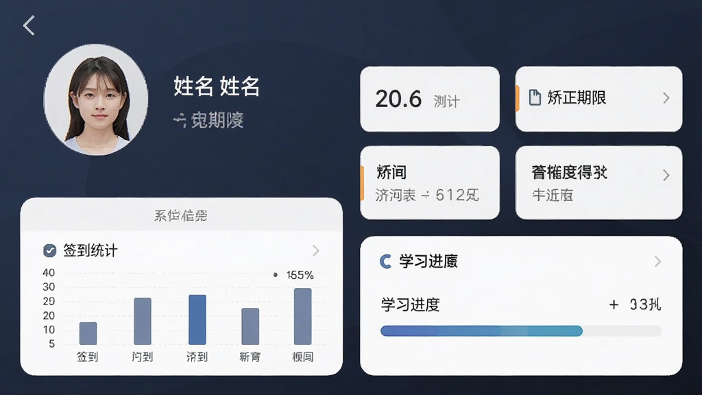 一张手机应用的个人档案页面展示图,画面中有头像、姓名、矫正期限等信息卡片,下方有签到统计图表和学习进度条,整体排版规整,风格沉稳,画质清晰干净