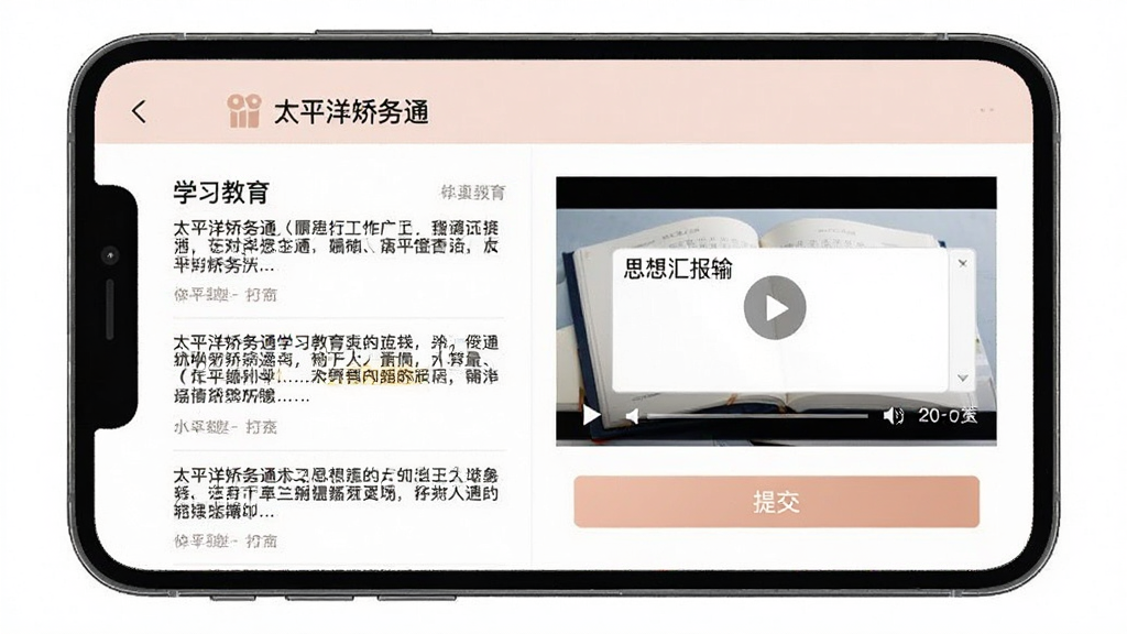 一张手机界面截图风格图,画面中展示“太平洋矫务通”的学习教育页面,有文章列表和视频播放区域,旁边有思想汇报的输入框和提交按钮,布局整齐,配色柔和,画质干净无多余元素