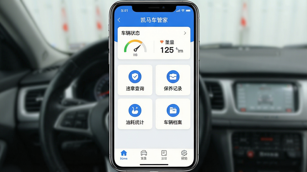 һ��չʾ�������ܼ�App���Ĺ��ܵ��ֻ������ͼ������������App����ҳ��������ʾ����״̬��Ƭ���������������Ϣ���м��ǹ���ͼ���������Υ�²�ѯ��������¼���ͺ�ͳ�ơ������������ײ��ǵ����������������ִ���������ɫΪ�������ʸɾ��������޶���Ԫ��