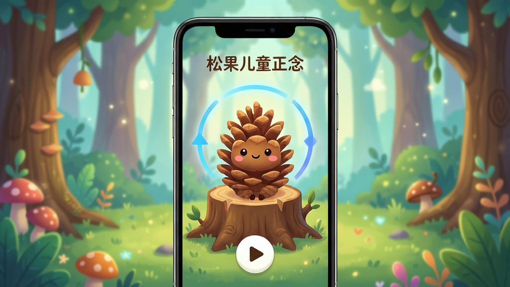 һ��չʾ�ɹ���ͯ����App�ڶ�ͯڤ���������ܵĽ����ͼ���廭������������һ���ֻ���Ļ����Ļ����ʾ��һ���ɰ��Ŀ�ͨ�ɹ���ɫ������׮�ϣ��Ա��к���ԲȦ�����Ͳ��Ű�ť���������λõ�ɭ�ֳ������������������ͯȤ������ϸ�ڷḻ�����ʸɾ�������ͼƬ�б�ע���֡��ɹ���ͯ�����