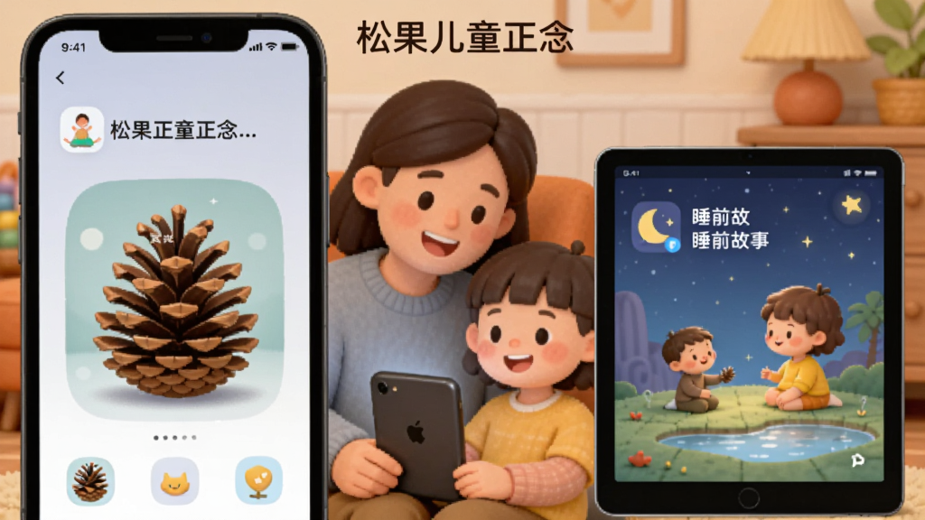 һ��չʾ�ɹ���ͯ����App���ֻ���ƽ���豸��ͬʱʹ�õĳ����廭�����������һ���ֻ���ʾ��ڤ���������棬�ұ���һ��ƽ����ʾ��˯ǰ���½��棬�м���һ���ҳ��ͺ���һ������Ļ΢Ц����������ܰ�ļҾӻ��������ֶԳƣ������ů��ϸ�����������ʸɾ���ͼƬ�б�ע���֡��ɹ���ͯ�����