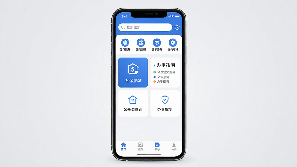 ����ͨӦ��������չʾ������������һ�������ֻ�����Ļ��ʾ����ͨAPP��ҳ���������������ͱ������ͼ�꣬�м����籣��ѯ���������ѯ������ָ�ϵȹ��ܿ�Ƭ�������У��ײ������������ɼ�������������ɫ��Ϊ����������ִ���ƽ������������͵�ǳ��ɫ���䣬���ʸɾ��������޶���װ��Ԫ��
