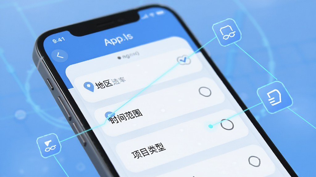 ��Ŀ���App��ɸѡ���ܽ��棬չʾһ���ֻ���Ļ��д����Ļ����һ��ɸѡ��壬�е���ѡ��ʱ�䷶Χ����Ŀ���͵�ѡ�ÿ��ѡ��������С���������͵ĿƼ�������һЩ��������������Ų�ͬ��ɸѡ����ͼ�ꡣ����࣬����������������Ԫ�ء�