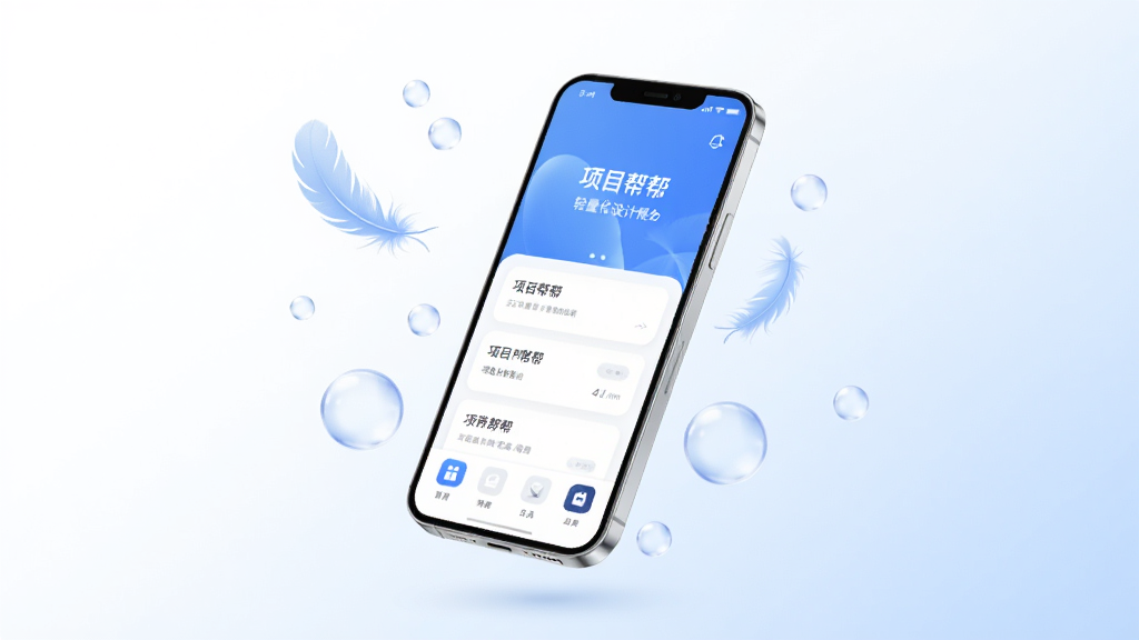 ��Ŀ���App����������Ƹ���ͼ��һ���ᱡ���ֻ������ڿ��У��ֻ���Ļ��ʾ��Ŀ���ļ����棬��Χ��һЩ������������ë������Ԫ�ء������Ǵ����İ�ɫ��ǳ��ɫ�Ľ��䣬������¡��ִ������ʸɾ����޶���Ԫ�ء�