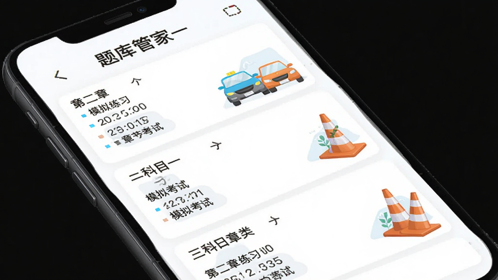 һ�żݿ��ܼ�App������ҳ���ͼƬ������չʾ�ֻ���Ļ�ڿ�Ŀһ����Ŀ�ĵ�����б���ÿ����Ŀ�·����½���ϰ��ģ�⿼�Ե���ѡ��Ա�����С�����ͽ�ͨ׶�Ĳ�ͼ������Ϊ��ɫ������������������ִ������ʸɾ��޶���Ԫ��