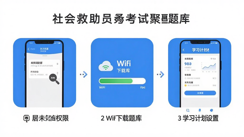 һ��AI���ɵĽ�ѧʾ��ͼ��չʾ������Ա���Ծ����APP�İ�װ�������̣������Ϊ��������ͼ�꣺��һ�����ֻ����ý��濪��δ֪��ԴȨ�ޣ��ڶ�����WiFi����������������������ѧϰ�ƻ����ý��棬�������ƽ��ͼ����ƣ�������ɫ�����ʸɾ�����޶���Ԫ��
