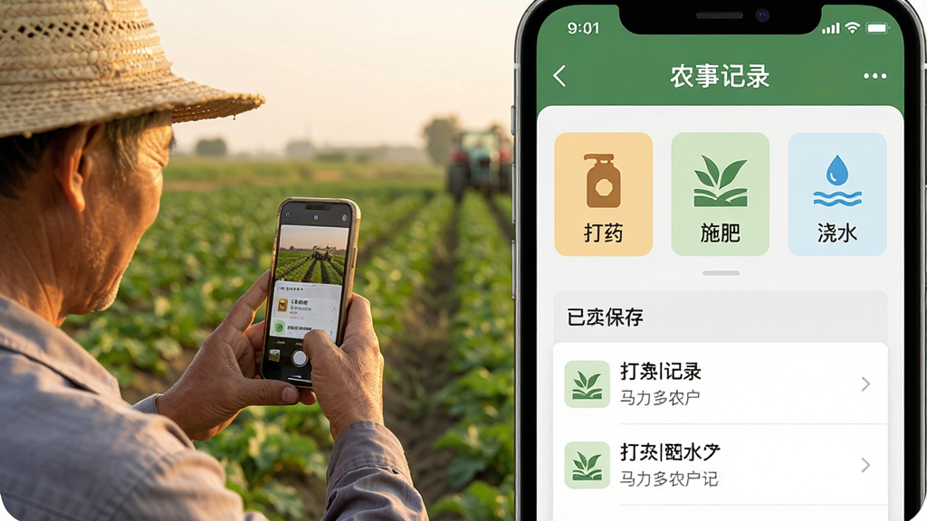 һ��չʾ��������ũ����Appũ�¼�¼���ܵĳ���ͼ�����������ũ����������ֻ����ռ�¼���Ҳ����ֻ���Ļ��д����Ļ����ʾ��ũ�¼�¼��ҳ�棬�д�ҩ��ʩ�ʡ���ˮ��ͼ��ѡ��·����ѱ���ļ�¼�б������дʵ���ƽ��ϣ�ɫ����ů�������������޶���Ԫ��