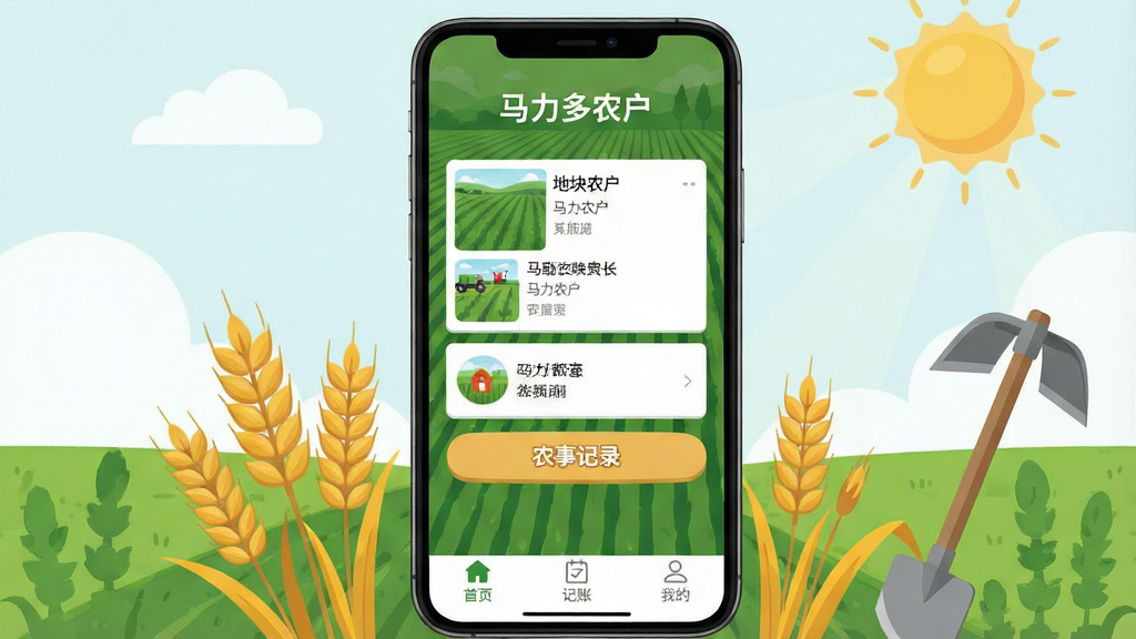 һ��չʾ��������ũ����App��������ֻ�����ͼ�������������ֻ���Ļ����Ļ����ʾ��ɫũ�ﱳ����App���棬�����С�������ũ�������ֱ��⣬�м��ǵؿ��б���Ƭ��ũ�¼�¼��ť���ײ��С���ҳ�������ˡ����ҵġ�����������ǩ����Χ���������롢��ͷ�������ũҵԪ�ز廭��������±�ƽ����ϸ�����������ʸɾ����޶���Ԫ��