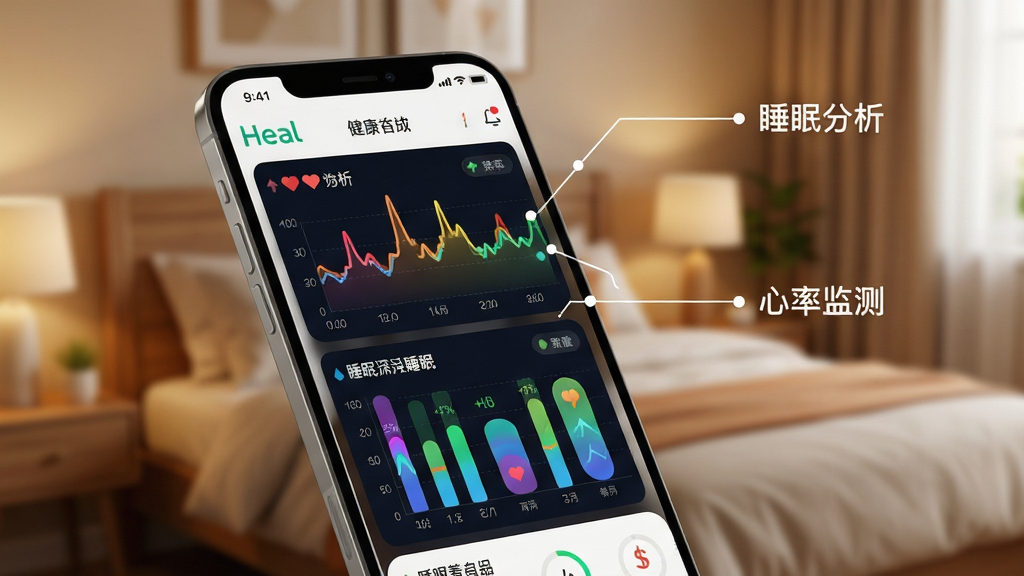 һ��Heal ����App�����ݿ�����дͼ������������һ���������ֻ����棬��Ļ��չʾ�Ų�ɫ���������ߺ�˯����ǳ˯����״ͼ���Ա������߱�ע����˯�߷����������ʼ�⡹�����֣�������ģ���ľӼ����ҳ�����ɫ����ů�����дʵ�Ƽ��У�����ϸ��ɾ�