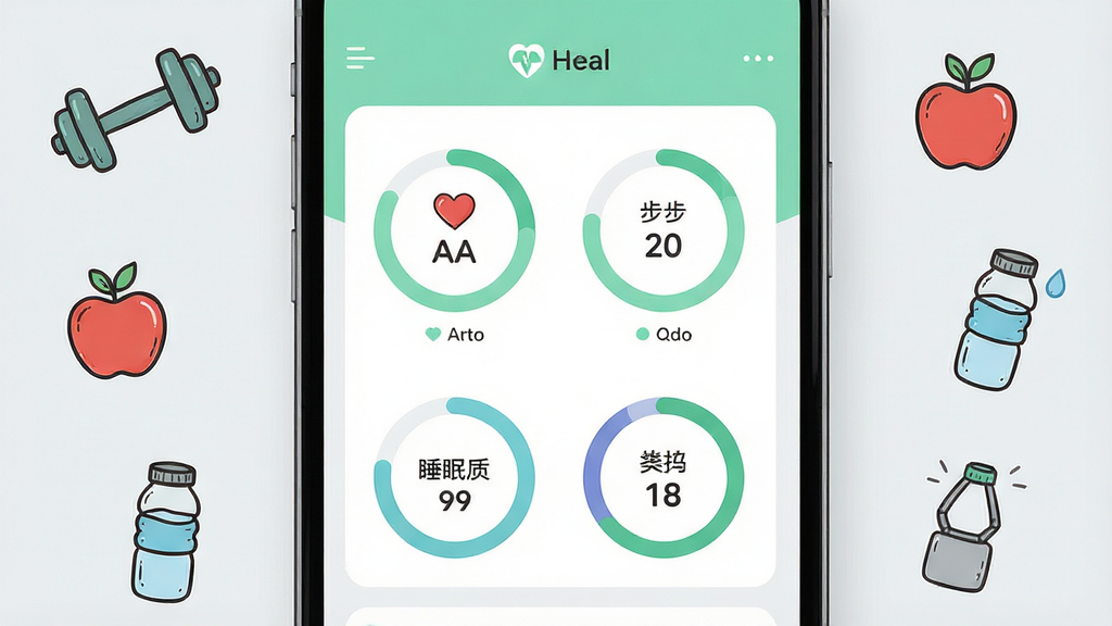 һ��չʾHeal ����App���Ľ�����ֻ���Ļ��ͼ�����������Ǽ��Ľ��������Ǳ��̣���ʾ���ʡ�������˯�������Ȼ���ͼ������ɫ��Ϊ���µı��������ɫ�������Ǹɾ���ǳ��ɫ���ֻ���Χɢ�������塢ƻ����ˮ�����ֻ���Ľ���Ԫ��Сͼ�꣬�������ִ���ƽ�����������������޶�������Ԫ��