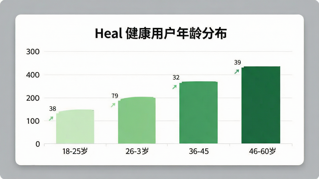 һ��չʾHeal �����û�����ֲ�����״ͼ�������ע18-25�ꡢ26-35�ꡢ36-45�ꡢ46-60���ĸ�����Σ�����Ϊ�û�ռ�Ȱٷֱȣ�������ɫ��ǳ�̵����̽��䣬ͼ���Ϸ��С�Heal �����û�����ֲ����ı��⣬�����ǰ�ɫ��Ƭ����������ݿ��ӻ���������������