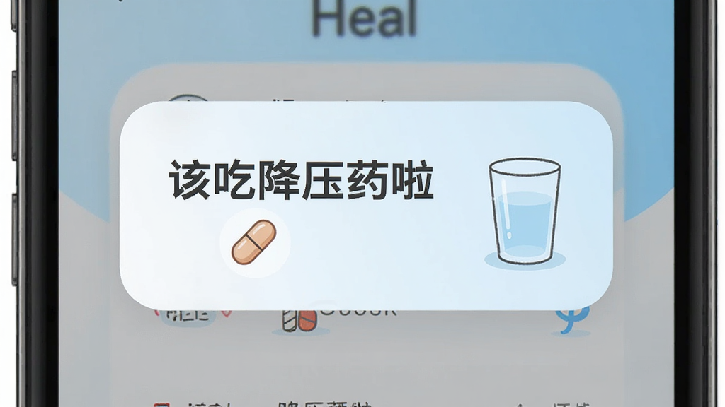 һ��Heal ������ҩ���ѵ����Ľ����ͼ���ֻ���Ļ������ʾһ��Բ������ѿ�Ƭ������д�š��óԽ�ѹҩ�������Ա���һ��ҩ��ͼ���һ��ˮ�Ĳ廭����������͵�ǳ��ɫ���䣬�����ܰ���У����ʸɾ�����
