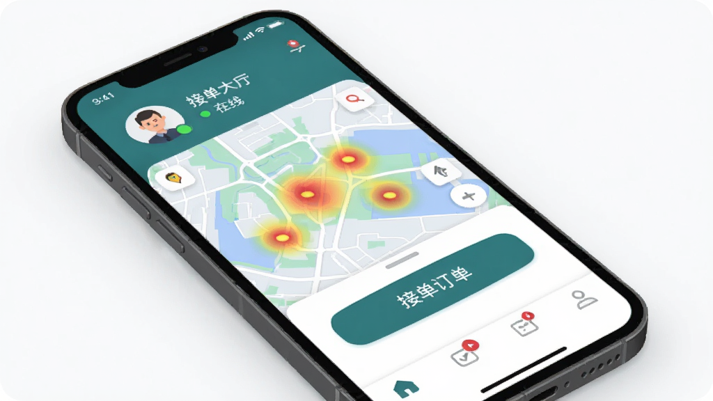 �ల����˾���� �ֻ�App������չʾ ������һ�������ֻ� ��Ļ��ʾ�ӵ�������ͼ�Ͷ����б� �������� �Ű��Ϸ���˾��ͷ�������״̬ �м��ǵ�ͼ��������������� �·��ǽӵ���ť�͵ײ������� ����ִ���ƽ�� ϸ��Բ��ͼ���� ���ʸɾ��޶���Ԫ��