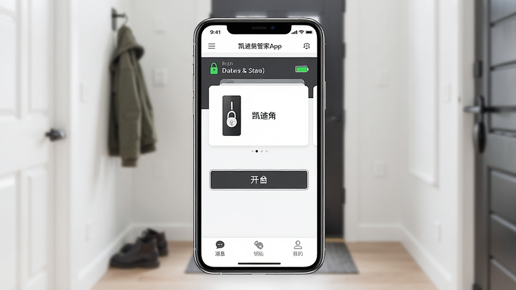 һ��չʾ�����˹ܼ�App��������ֻ�����ͼ������������һ���ִ������ֻ�����Ļ��ʾ�����˹ܼ�Ӧ����ҳ�������԰�ɫ�����ɫΪ��ɫ����������ʾ��������״̬�͵���ͼ�꣬�м��������豸��Ƭ�Ϳ�����ť���ײ�����Ϣ��Կ�ס��ҵ���������ѡ��������Ǽ��ľӼ����س���������ִ���ƽ����ϸ�ڸɾ��޶���Ԫ�أ�������������
