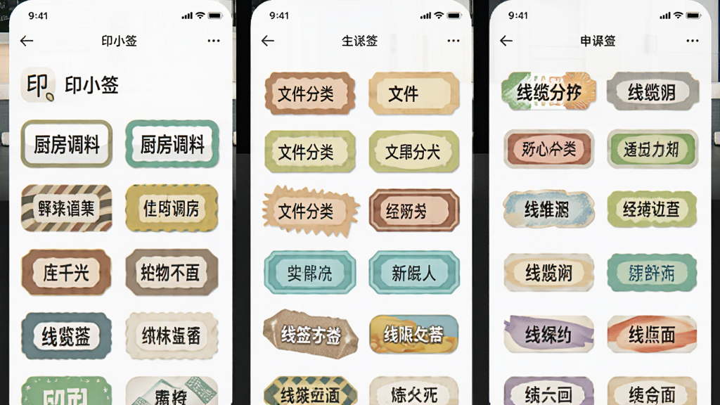 ����չʾ��ӡСǩ��App�ڷḻ�ı�ǩģ��ѡ����棬��Ļ�������Ÿ��ַ��ı�ǩ��ʽ�������������ϱ�ǩ���ļ������ǩ�����±�ǩ�ȣ��������룬����ִ���ƽ��ϸ�����������ʸɾ��޶���Ԫ�ء�