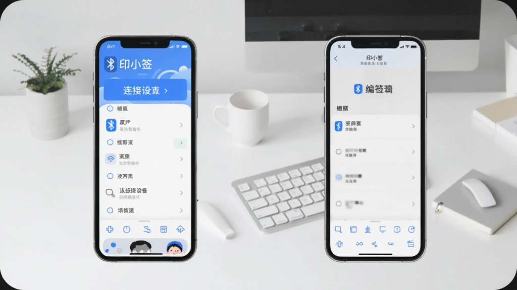 ����չʾ��ӡСǩ��App�������豸����ͱ�ǩ�༭���沢����ʾ���ֻ���Ļ������ʾ���������б��ͱ༭�������������Ǽ������棬����ִ���ƽ���������������ʸɾ��޶���Ԫ�ء�