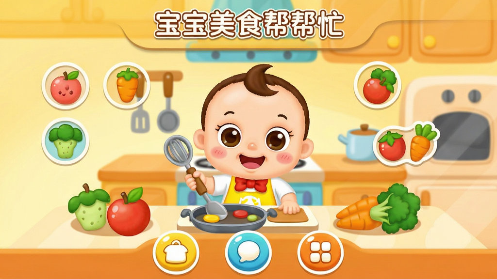 ������ʳ���æ ��ͯ��ʳ����APP ������չʾ һ����ͨ���ĳ������� ɫ��������ů ���������Ǳ�����ʿ�Ŀ�ͨ�������ڲ������� ��Χ�ڷ��Ÿ���ˮ���߲�ʳ��ͼ�� ���沼������ ������ʾӦ������ �ײ��в�����ť ��������ÿɰ� ϸ��Բ�� ���ʸɾ� �޶���Ԫ��