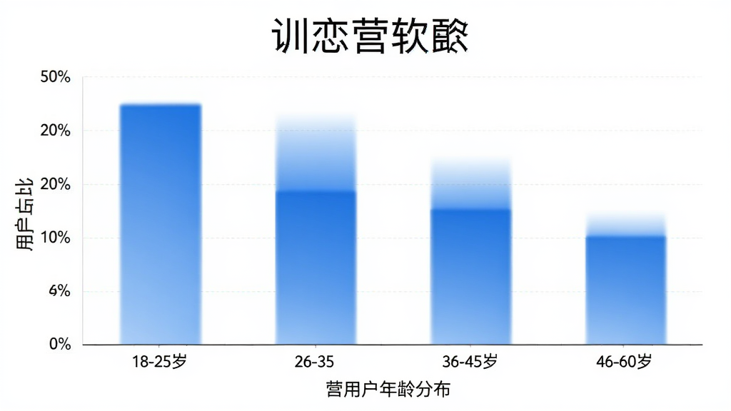 ѵ��Ӫ�û�����ֲ���״ͼ��������ѵ��Ӫ��������λ��ͼ���Ϸ�������Ϊ�����18-25�ꡢ26-35�ꡢ36-45�ꡢ46-60�꣬����Ϊ�û�ռ�Ȱٷֱȣ���״ͼ��ɫΪ��ɫ���䣬��Ƽ�����������רҵ�����ʸɾ����޶���Ԫ��