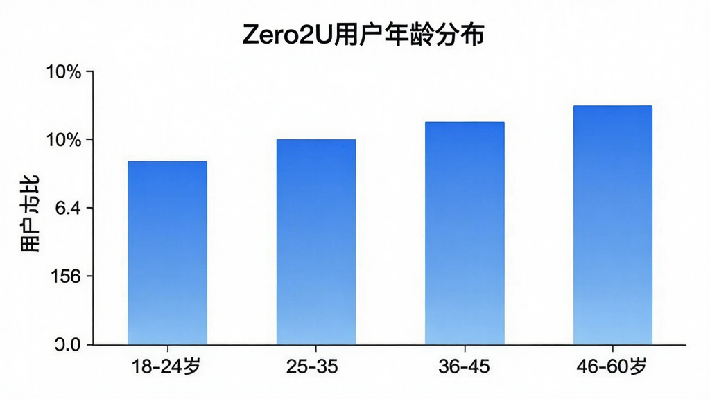 һ��չʾZero2U�û�����ֲ�����״ͼ�������ע�����18-24�ꡢ25-35�ꡢ36-45�ꡢ46-60�꣬�����ע�û�ռ�ȣ���״ͼ��ɫΪ��ɫ���䣬����Ϊ��ɫ��ͼ������Ϊ��Zero2U�û�����ֲ�������������ˣ������������޶���Ԫ��