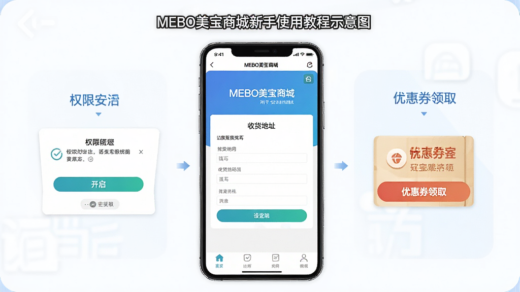 MEBO�����̳�����ʹ�ý̳�ʾ��ͼ�������������ֻ���Ļ����Ļ����ʾMEBO�����̳�App�İ�װ�����ý��棬����Ȩ�޿�����ʾ���ջ���ַ��дҳ�桢�Ż�ȯ��ȡ��ڵȲ������裬���ֲַ�չʾ���Ű����������ֱ���׶���ϸ����ȷ�����ʸɾ����޶���Ԫ��