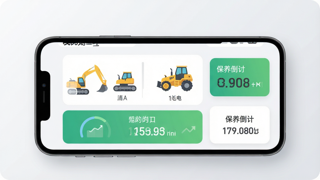 一张展示“我的龙工”APP核心界面的手机样机图,画面中央是手机屏幕,屏幕内显示工程机械设备管理仪表盘,有挖掘机、装载机图标和保养倒计时卡片,背景是干净的浅灰色渐变,风格现代扁平,细节圆润清晰,画质干净无多余元素